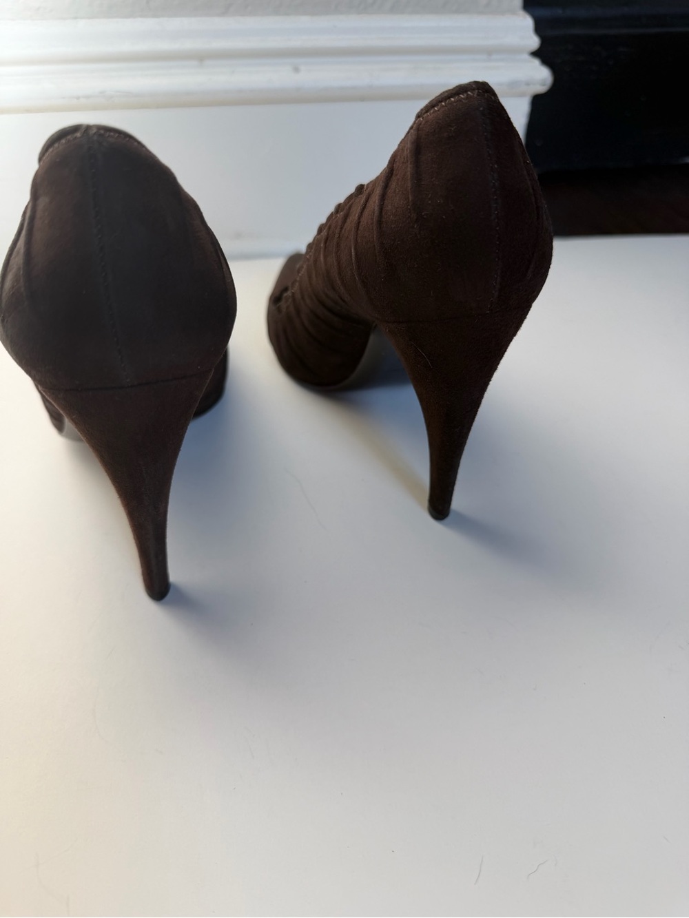 Prada Camoscio Plisse Women's Dark Brown Suede Heels - Picture 3 of 15